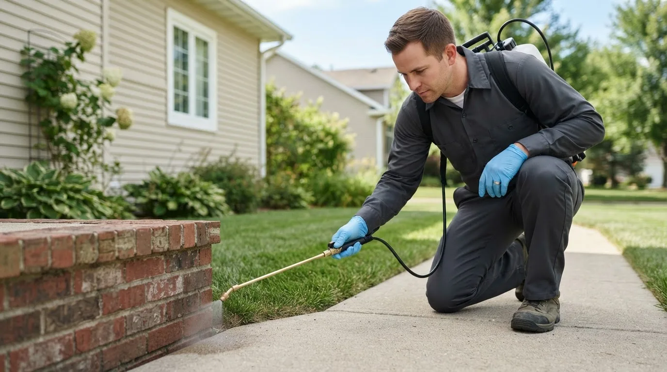 Pest control technician treating a home near Harveysburg, OH