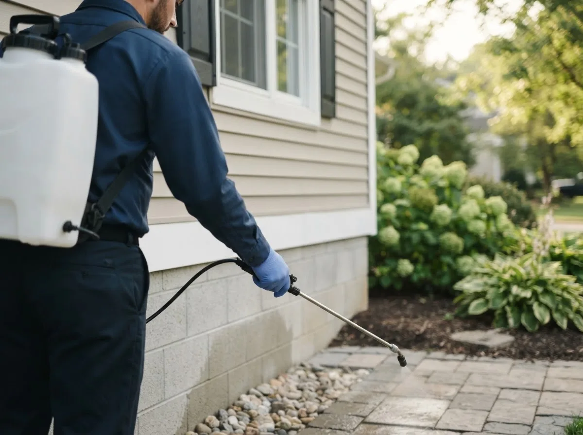 Pest control technician inspecting a home in Harveysburg, OH